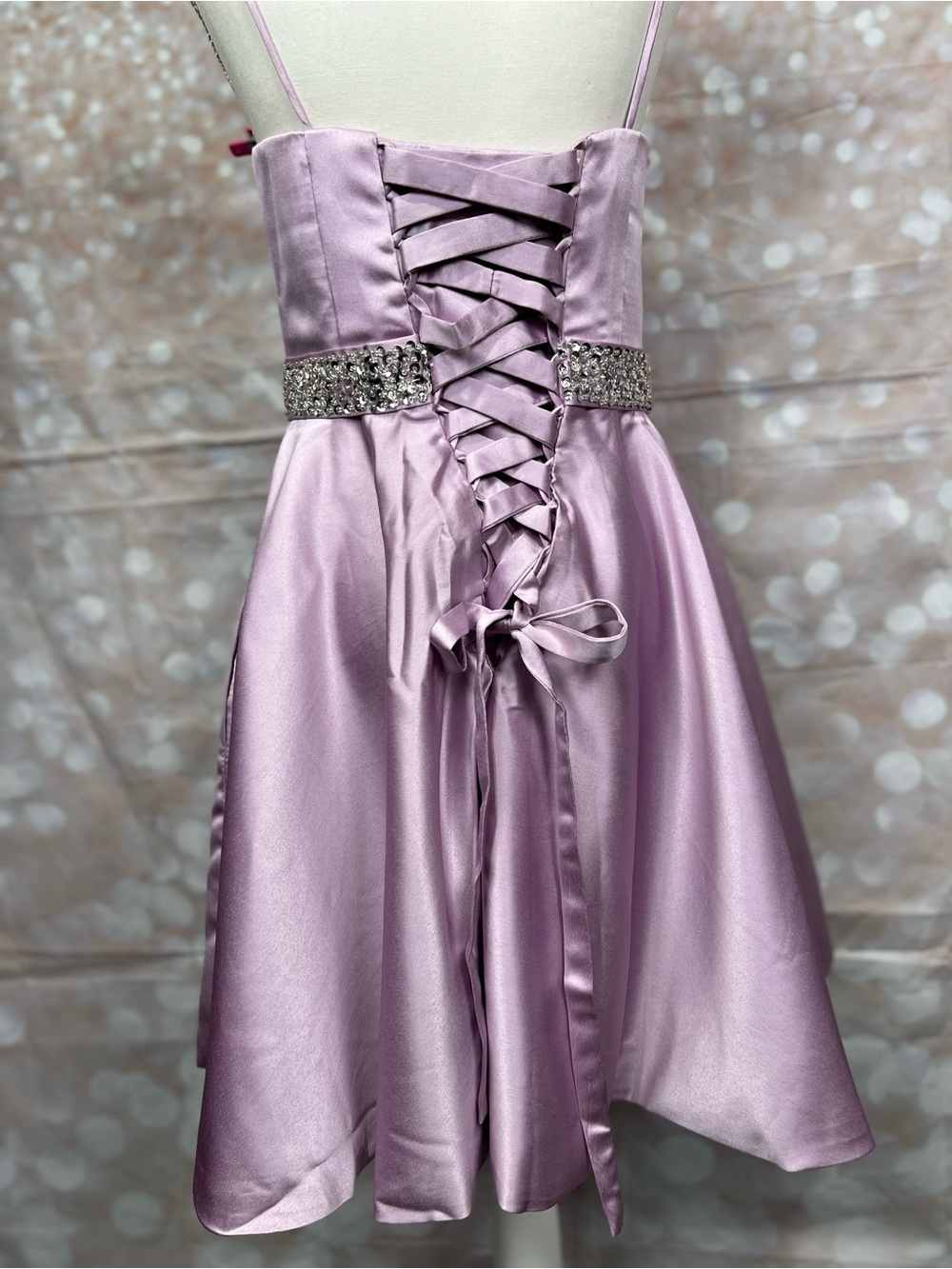 Lilac Satin A-Line Dress with Jeweled Waist - Picture 3 of 6